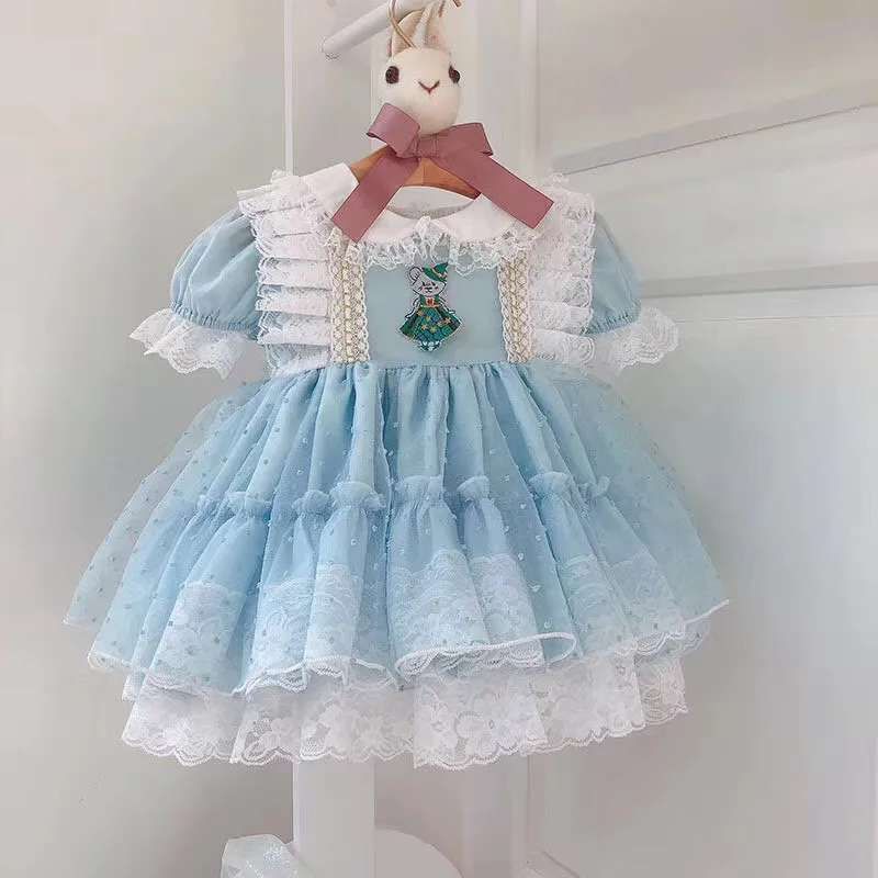 

Baby GIrl Summer Blue Mesh Lace Turkey Vintage Spanish Lolita Princess Ball Princess Gown Dress for Girl Easter Birthday Party
