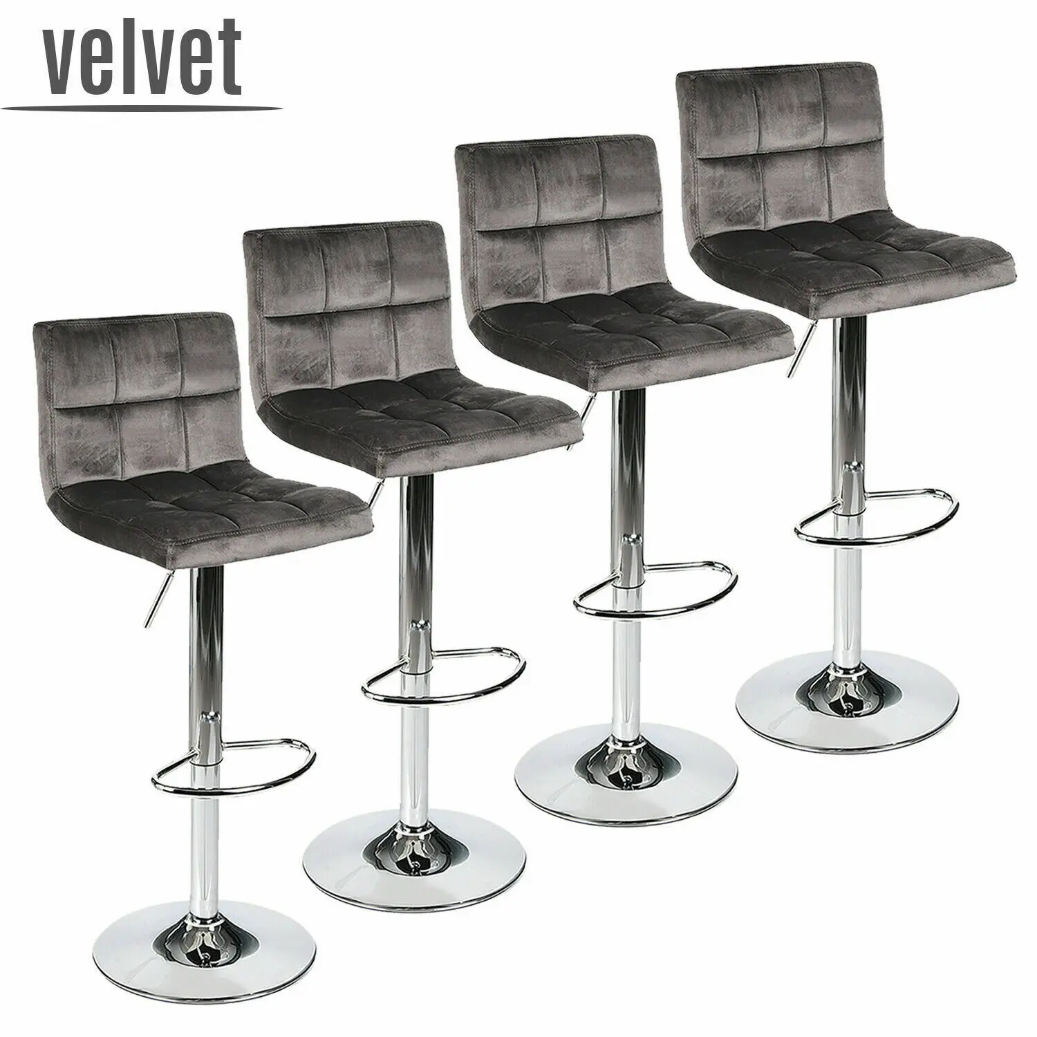 

Set Of 4 Bar Stool Velvet Fabric Swivel Hydraulic Adjustable Counter Chair Gray