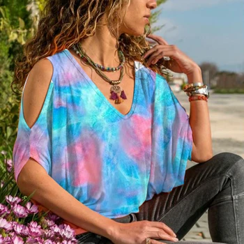 

VICABO Tie Dyeing Womens T-Shirt Large Size Off Shoulder Short Sleeves Casual Tees Top V Collar Loose Ladies Clothing Tshirts