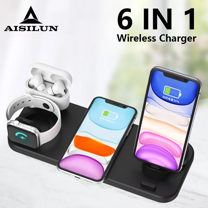 10W Qi Wireless Charger Station 6 in 1 pad Iphone Airpods Micro USB Type C Stand phone Chargers For Apple Watch airpods Charging 10W Qi Wireless Charger Station 6 in 1 pad Iphone Airpods Micro USB Type C Stand phone Chargers For Apple Watch airpods Charging