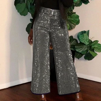 

Women Glitter Belted Casual Wide Leg Pants Streetwear