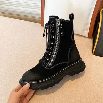 

Genuine Leather Zipper Metal Decoration boots Sexy Platform Women Winter Boots Thick Heels lace up Shoes Woman Night Club Pumps