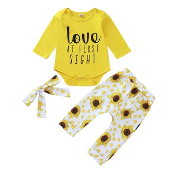 

Baby\\'s Sets Three Piece Bodysuit Pants Hair Band Girls Cotton Letter Print Long Sleeve Romper Sunflower Trousers y