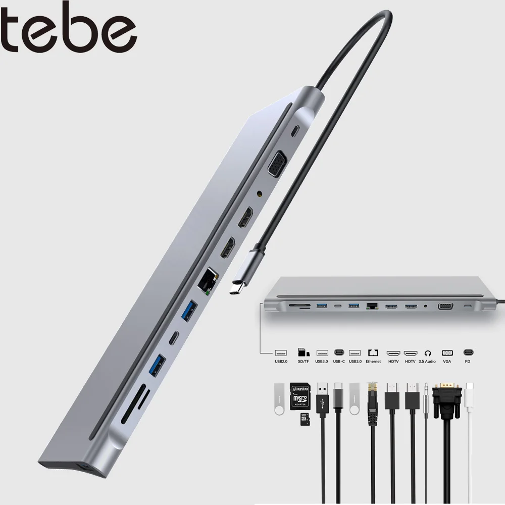 tebe 11 в 1 адаптер концентратора MST USB-C Тип c - 4K HDMI VGA Multi USB LAN Ethernet SD / TF кард-ридеры с 3