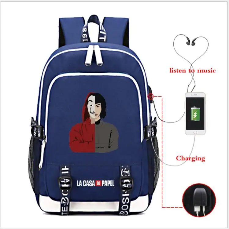Бумажный вместительный рюкзак для студентов, USB зарядка, Mochilas La Casa De Papel, дорожная школьная сумка, повседневный рюкзак для ноутбука - Цвет: as pictures