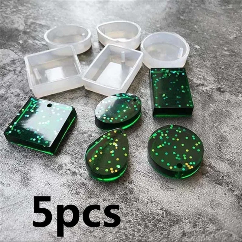 5PCS/Set Round Square Oval Waterdrop Rectangle Shape Hole Silicone Mold DIY Craft Epoxy Resin Molds Necklaces Pendant