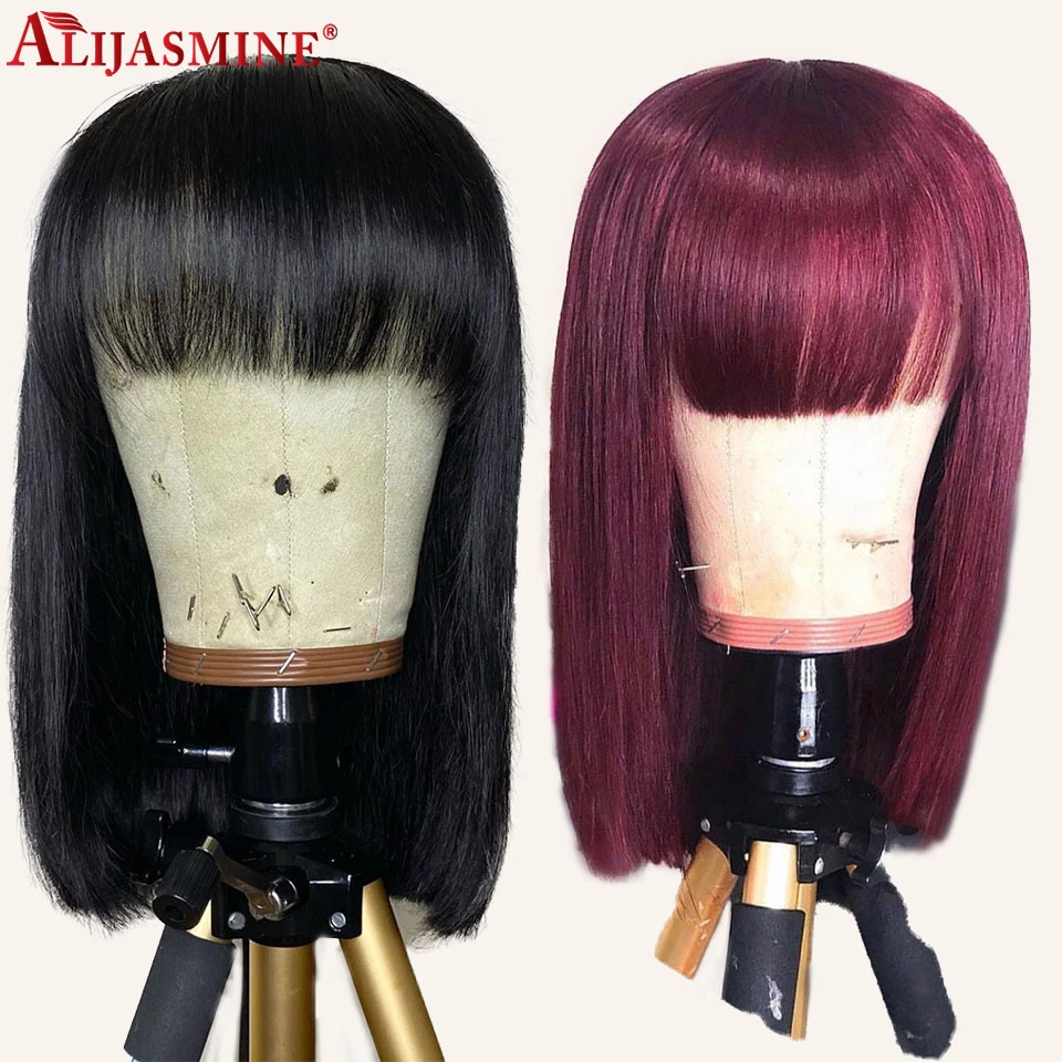 150% 99J красный бордовый короткий парик BOB Bang человеческие волосы 13x6 с челкой для