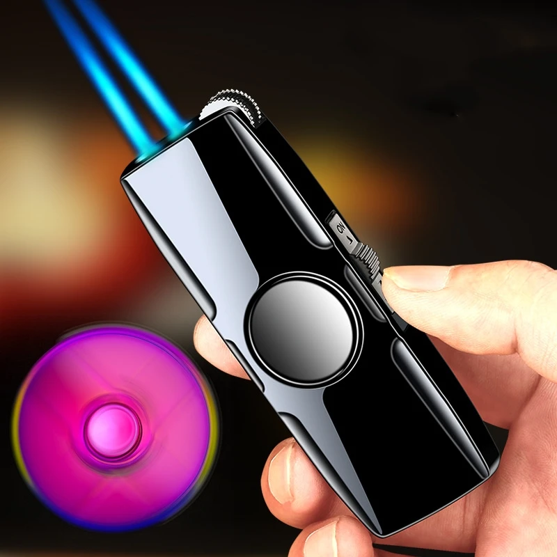 

2020 New Dual Torch Lighter Metal Windproof Gas Butane Jet Flint Lighter Fingertip Spinner Cigar Two Fire Gadgets For Men
