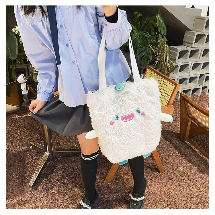 Winter Soft Plush Shoulder Bag Women Cute Little Monster Embroidery Handbags Faux Fur Women Bags Student Book Bag Shopper Bag handbags