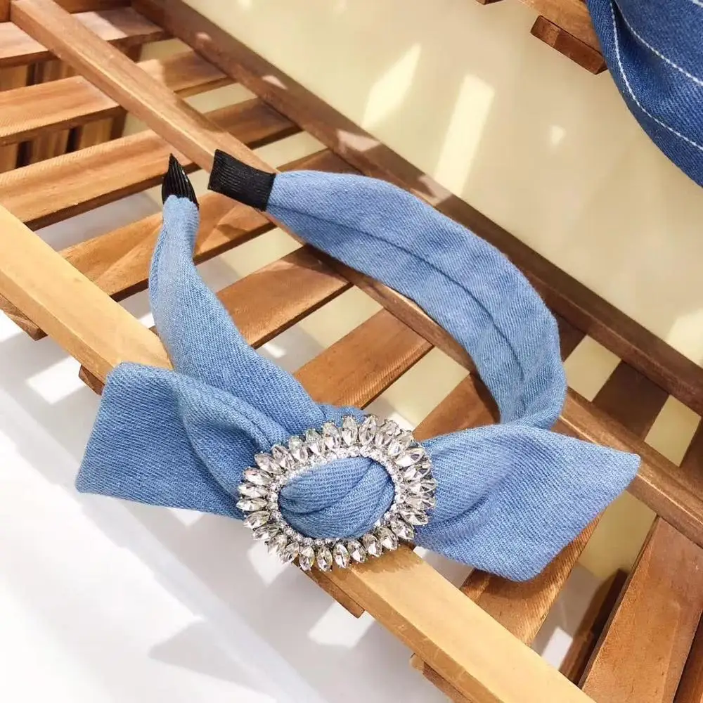 Джинсовый большой бант горный хрусталь Hairband для женщин заколка для волос со стразами обруч жемчужный для девочек корона цветок повязка для головы тюрбан