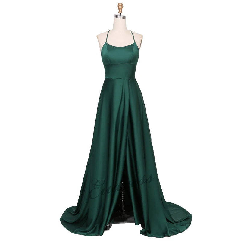 

2019 Sexy Backless Satin Slit Evening Dress Halter Straps Back Evening Gowns Dark Green robe soire femme Prom Party Dress