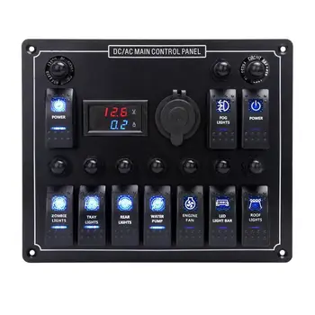 

10 Gangs Car Boat Marine Rocker Switch Panel circuit breaker protector ON/OFF Switch Current Voltmeter12V-24V for MARINE BOAT RV