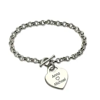 

AILIN Silver Engraved Name Bracelet Personalized Heart Nameplate Bracelet My Heart with You Charm Bracelet Love Jewelry