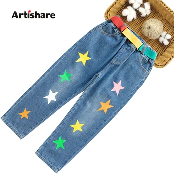 

Jeans For Girls Star Pattern Children's Jeans Girl Coloful Belt Children's Jeans For Girls Casual Style Children's Clothes