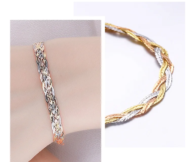 Real 18K Multi-tone Solid Gold Chain For Women Shine Rope Weave Bracelet 7.1''L Gift