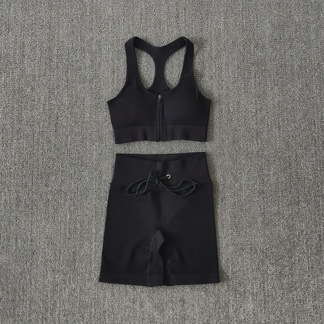 Seamless Women Yoga Set Workout Sportswear Gym Clothing Zipper Long Sleeve High Waist Leggings Fitness Bra Athletic Sports Suits BraShortsBlack