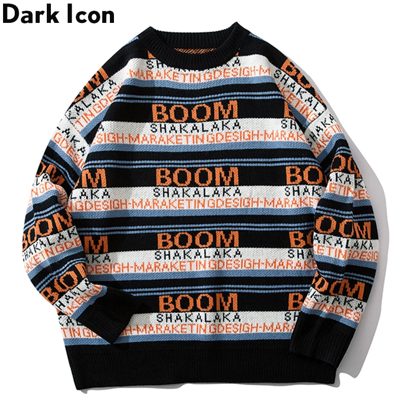 

Dark Icon Letters Striped Hiphop Sweater Men Women Knitwear Pullover Street Men’s Sweater Drop Shoulder Sweaters for Man