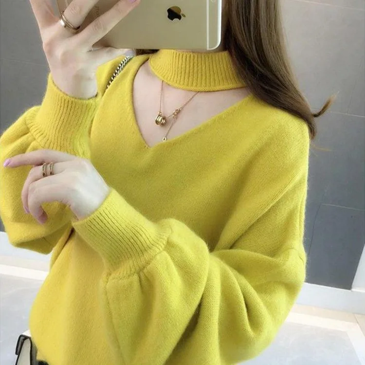 

2019 Autumn And Winter New Style Korean-style Tops Laziness-Style Half-Turtle-Neck Sweater Loose-Fit Lantern Sleeve Base Sweater