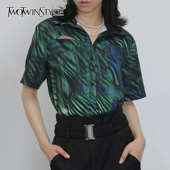 

TWOTWINSTYLE Elegant Print Asymmteircal Shirt Women Lapel Collar Half Sleeve Loose Irregular Blouse Female Fashion Clothes Tide