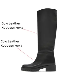 QUTAA INS Fashion Women Knee High Boots Full Cow Leather Warm Flats Thick High Heels Motorcycle Boots Woman Lady Shoes 34-43 6