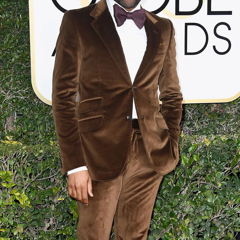 Brown Velvet Prom Suits for Men Slim fit 2 Piece Custom Wedding Groom