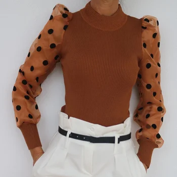 

Knit Ribbed Women's Sweater Spring Slim Mesh Patchwork Sweaters Female Pullovers Sexy Autumn Winter Polka Dot Jumper Ladies Tops