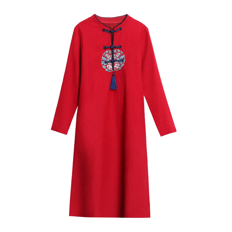 Хлопок и лен вышитые модифицированные Cheongsam шик кисточкой элегантные женские CNY традиционные платья трапециевидной формы Qipao Платье женское