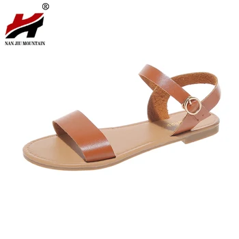 

NAN JIU MOUNTAIN Summer Flat Sandals PU Beach Shoes Simple Open Toe Buckle Women's Shoes 10 Colors Plus Size 35-43