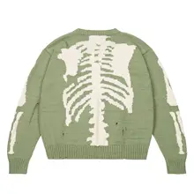 Pulôver de hip-hop masculino verde solto esqueleto osso impressão feminina de alta qualidade buraco retro 1:1 malha de manga comprida camisola