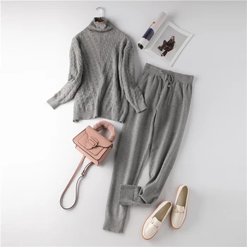 

2020 New Women sweater suits track costumes 2 pieces sets Autumn winter turtleneck pullovers and long pants knitted suits