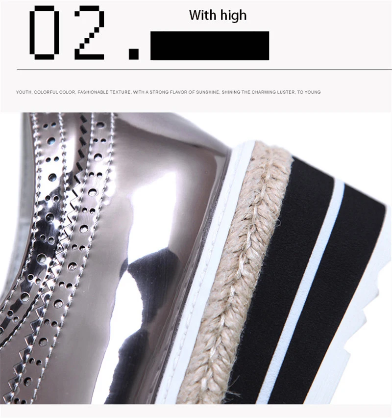 Patent Leather Women Platform Oxfords Brogue Flats Shoes Lace Up Square Toe Brand Female Footwear Shoe For Women Creepers Silver (8)