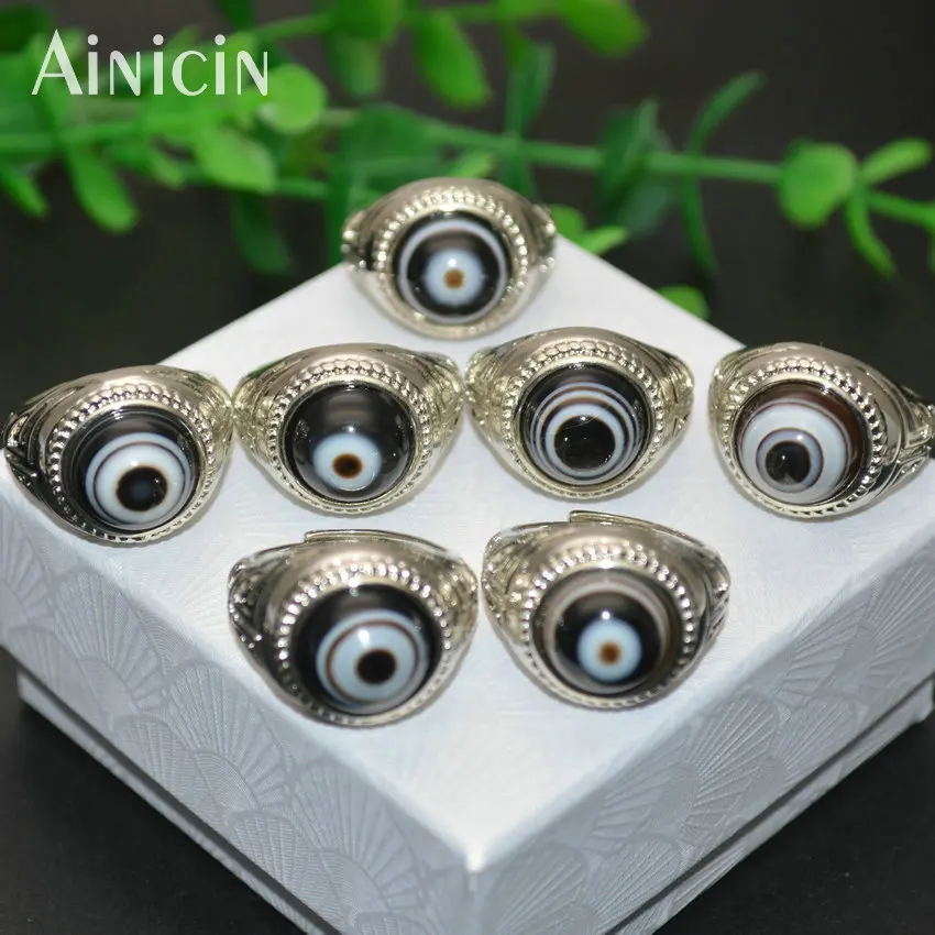 Hihg Quality Black Eyes DZI Agate 12mm Stone Cabochon Silver Color Adjustable Rings For Men Tibetan Jewelry 3pc/lot | Украшения и