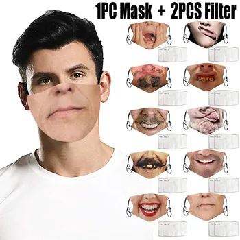 

2x Filters Mascarilla Unisex 3D Creative Funny Printing Outdoor Mask Cotton Washable Reusable Face Mask Adjustable Maske Masque