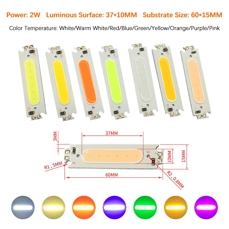 1 шт. 60x15mmLED длинная полоса цветная COB лампа пластина 2 Вт прямоугольные лампы бусины для 12 В батарея модифицированный светильник Cob светильник источник