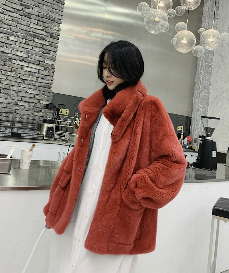 Ftangaiur New Winter Import Velvet Mink Coat Mandarin Collar Pure Color Natural Fur Coat Women's Medium Real Mink Fur Coats