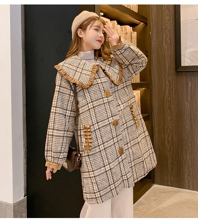 Autumn Winter Women Tweed Coats Peter Pan Collar Single-breasted Khaki Checked Overcoat Womans Plus Size Wool Blend Outerwear