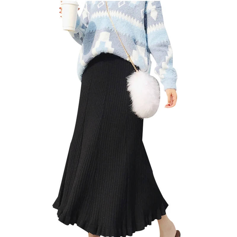 

NORMOV Fashion Women Autumn Winter Solid Color Skirt Long Ruffle Pleated Skirts Knitted High Waist Warm Wool Skirts 2 Color