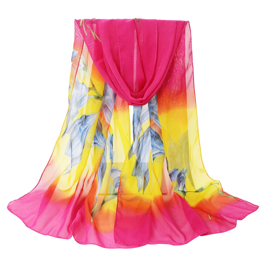 Fashion Silk Chiffon Scarves Women Wrap Sunscreen Beach Cover Up Long Hijab Print Flowers Shawl Summer Polyester Cape Femal 919