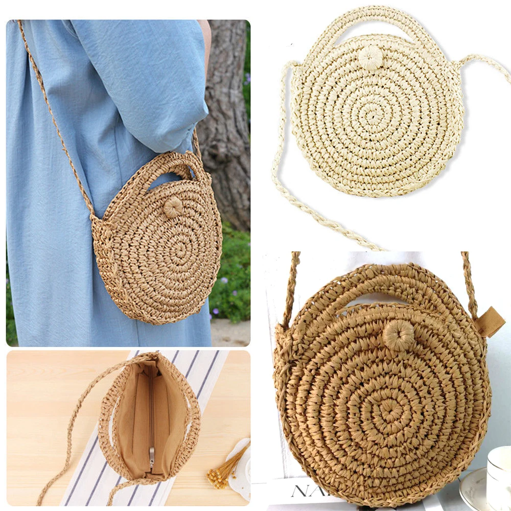 Women Round Circular Rattan Wicker Straw Woven Crossbody Beach Bag Basket Gift