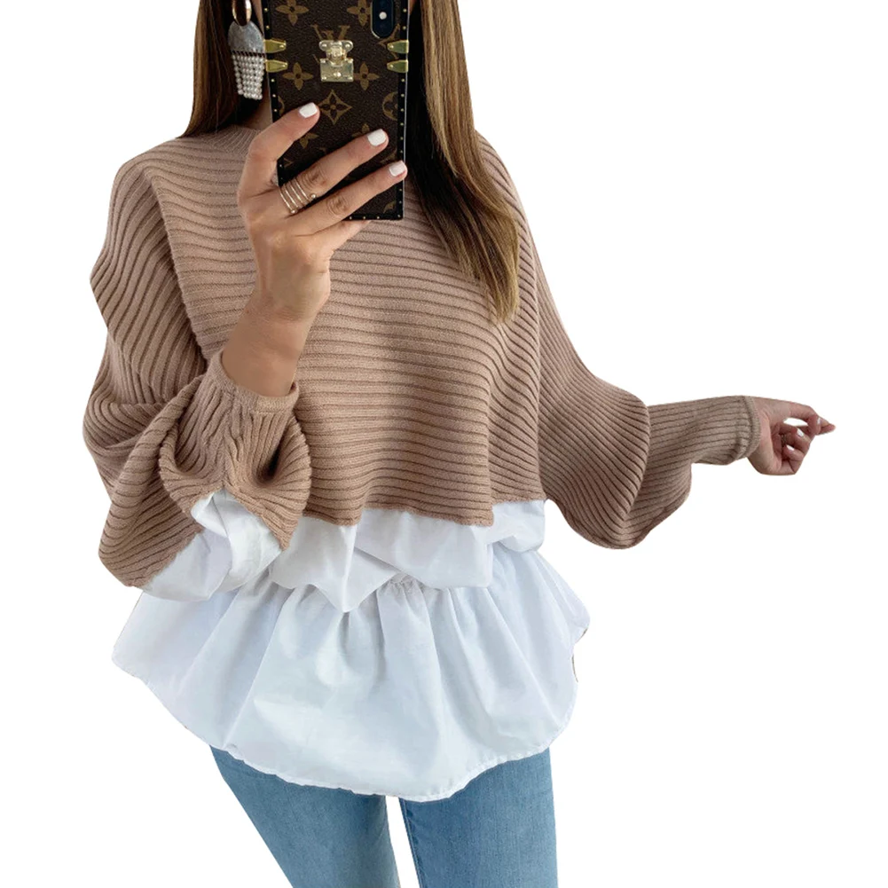 Bohisen winter Fashion sexy color matching irregular stitching sweater Round neck long sleeve tops Elastic waist blouse