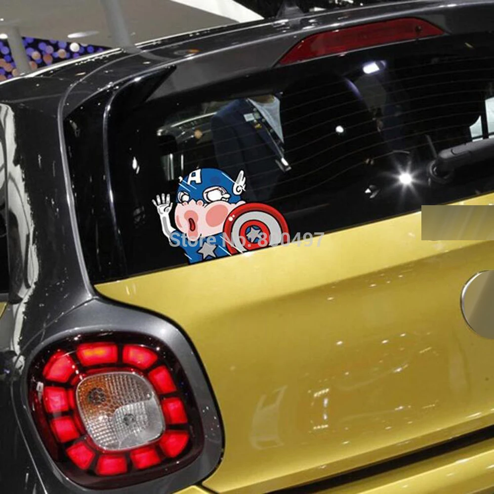 Newest Batman Ironman Spiderman Captain America Hitting the Glass Car Stickers for Toyota Honda Kia Chevrolet VW Tesla BMW Lada