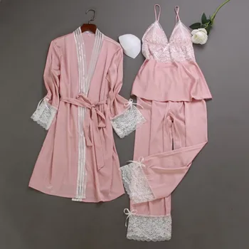 

Lace Patchwork Sleepwear Women Pajamas 3PCS Sleep Set Satin Homewear Pijamas Suit Casual Kimono Bathrobe Gown Intimate Lingerie