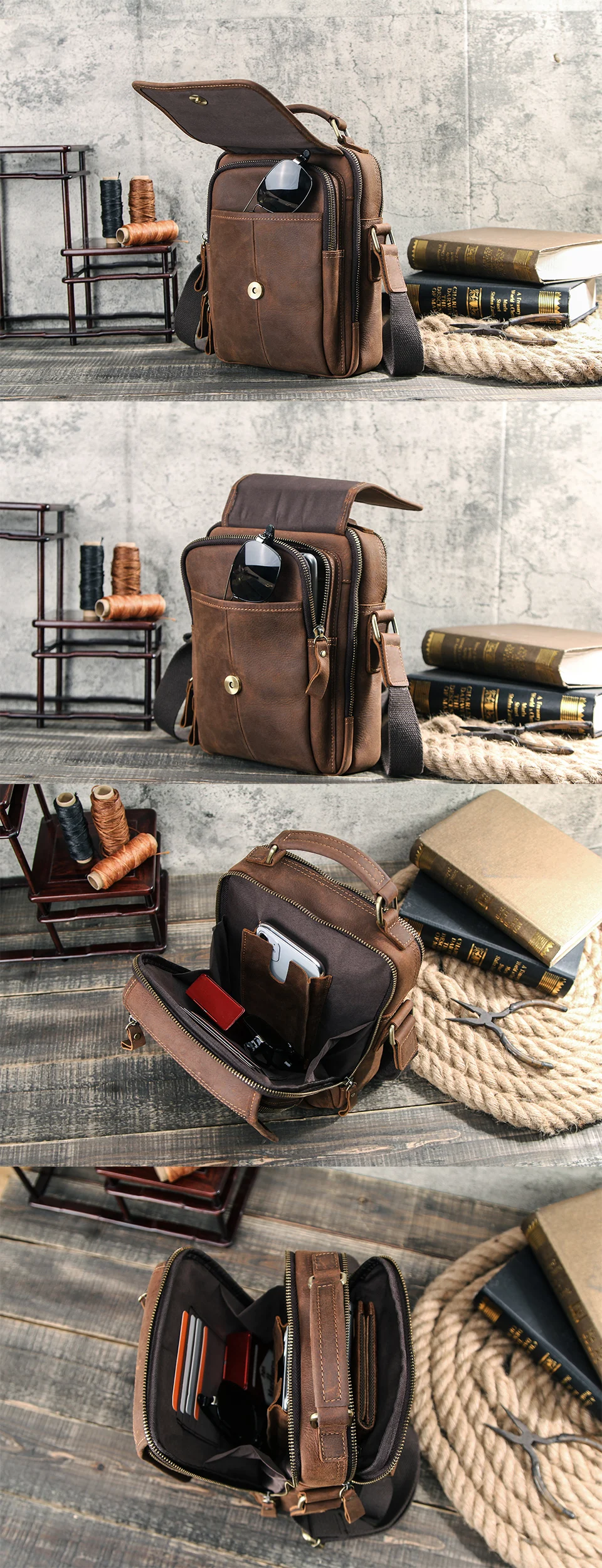 Men'S Messenger Handle Handbag Genuine Leather Male Cross Body Bag Man Crazy Horse Business Briefcase Ipad Travel Shoulder Tote
