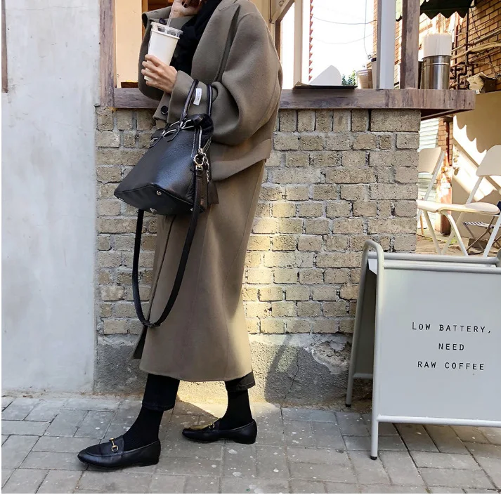 Women Winter Green Super Long Wool Overcoat Elegant Double-sided Woolen Coat Jacket with Waist Belt Brief Loose Outwear