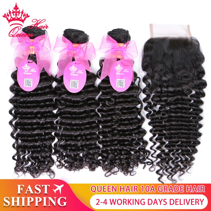 100% Human Brazilian Hair Deep Wave Bundles With Closure Weave Lace Closure with Hair remy hair Queen Hair Official Store