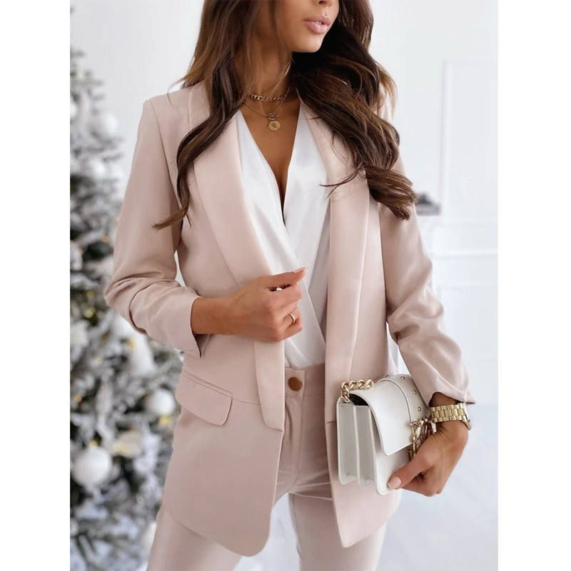 CINESSD Office Lady Blazers Coats Casual Suits 2022 White Spring Summer Lapel Long Sleeves Cardigan Slim Women Blazers Jackets pink jogging suit