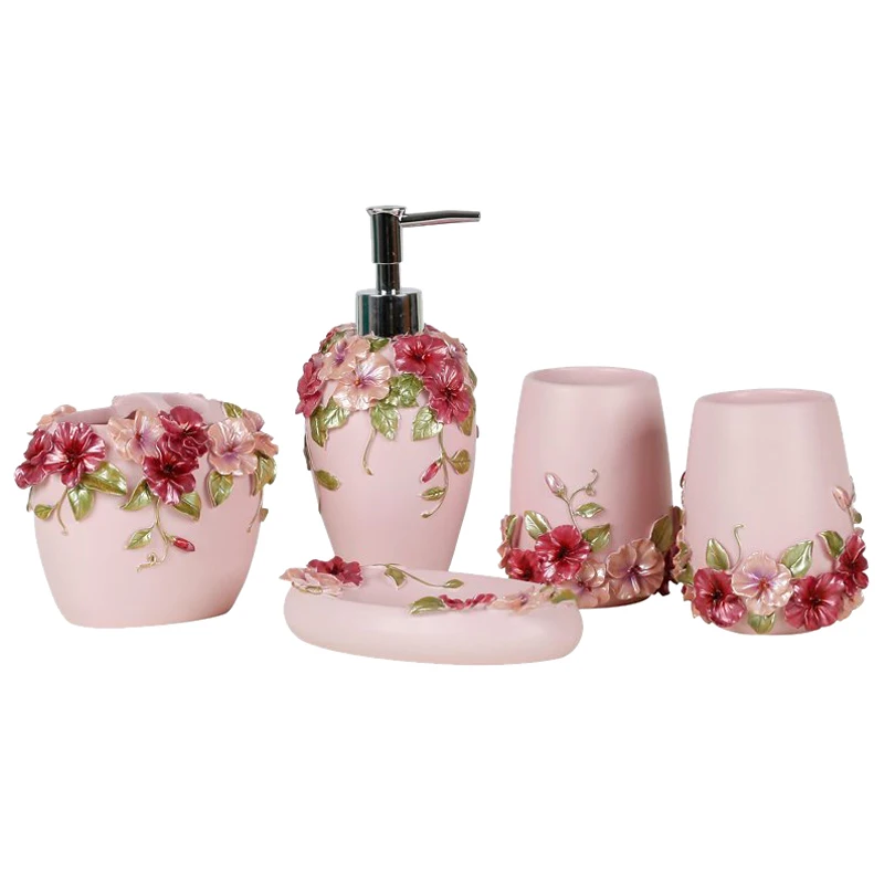 

Country Style Resin 5Pcs Bathroom Accessories Set Soap Dispenser/Toothbrush Holder/Tumbler/Soap Dish (Pink)