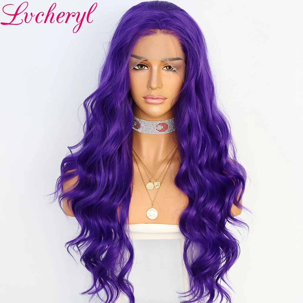 

Lvcheryl 13X3 Purple Color Long Natural Wave Cosplay&Drag Queen Make up Heat Resistant Fiber Hair Synthetic Lace Front Wigs