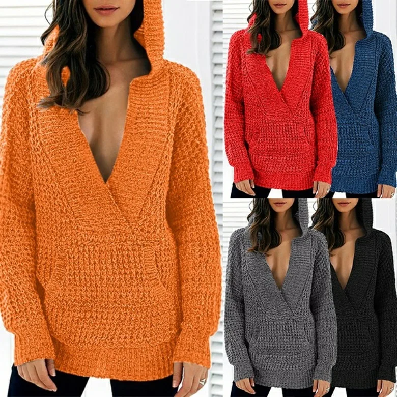 

WEPBEL Women Autumn Hooded Knitwear Long Sleeves Drop Loose Solid Color Pullover Casual V-Neck Sweater Computer Knitted Tops
