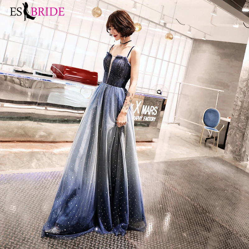 

glitter blue evening dress long beach formal evening party gown sleeveless special occasion dresses vestidos largos ES2818